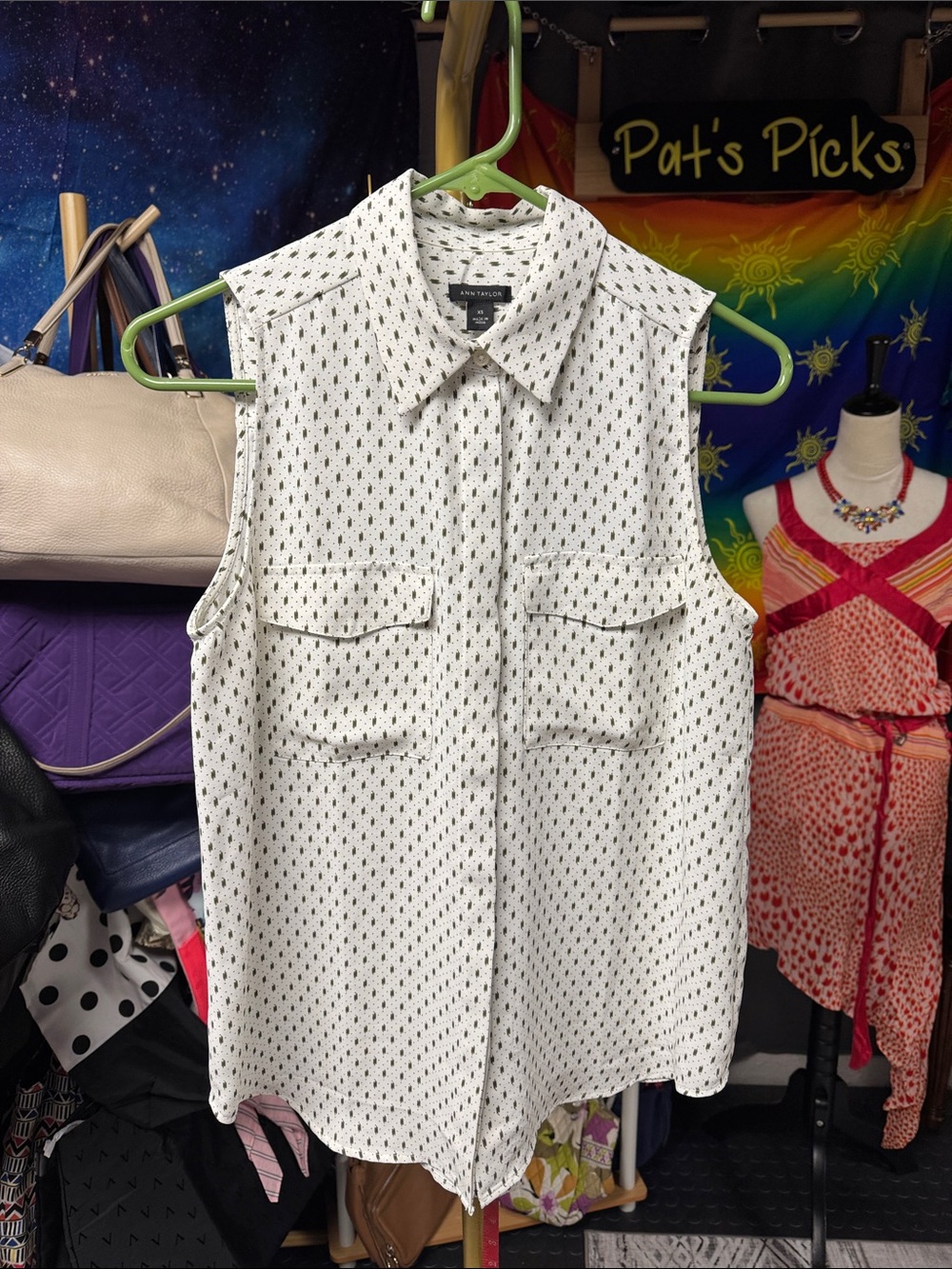 Ann Taylor Cream Blouse with Olive Dot Print
